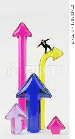 Businessman balancing on curved arrow choosing unstable path and risky direction. 138903712