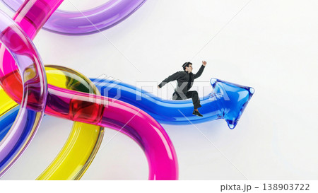 Man running along colorful curved arrows representing dynamic business movement and growth Man running along colorful curved arrows representing dynamic business movement and growth 138903722