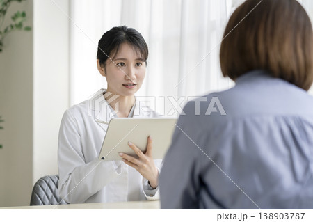 タブレットを持って問診をする若い女性医師 タブレットを持って問診をする若い女性医師 138903787