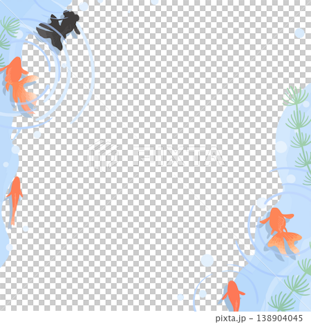 金魚邊框（漣漪、陰影、水生植物、方形、透明背景）日式夏季向量素材，俯視視角的金魚 138904045