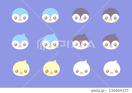 かわいいペンギンと鳥の顔アイコンセット パステルカラーのキャラクター素材	 138904177
