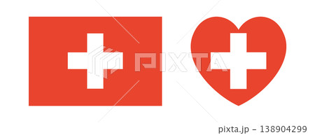 Switzerland National flag icon, sticker. National heart shaped, rectangular Switzerland flag button, badge. Flag of Switzerland heart, rectangle background. Swiss flag banner. 138904299