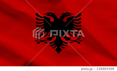 Albanian flag waving in the wind with red background and black double-headed eagle emblem 138904309