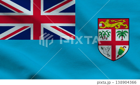 Fiji flag featuring its coat of arms waving gently in the breeze under bright blue sky Fiji flag featuring its coat of arms waving gently in the breeze under bright blue sky 138904366