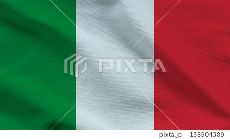 Flag of Italy displayed with folds showing red, white and green colors and a distinctive pattern 138904389