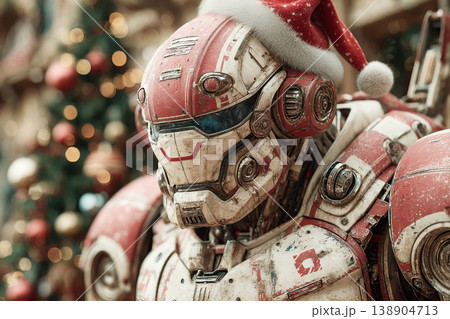 Robot Santa Claus with chrome exoskeleton near quantum fir decorated for New Year celebration 138904713