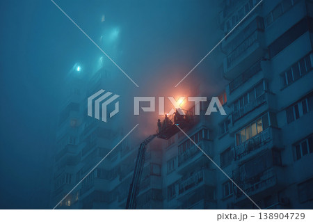 Fire brigade crew battles blaze in multi story building during foggy conditions Fire brigade crew battles blaze in multi story building during foggy conditions 138904729