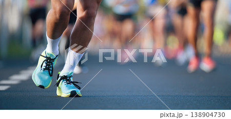 Marathon running race, people feet on city road, runners run urban marathon in the the city 138904730