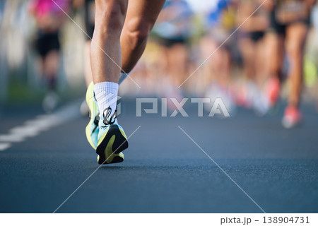 Marathon running race, people feet on city road, runners run urban marathon in the the city 138904731