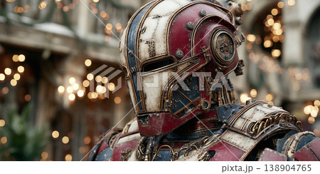 Robot chrome exoskeleton Santa Claus marvels during a festive celebration Robot chrome exoskeleton Santa Claus marvels during a festive celebration 138904765