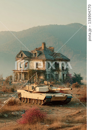 Modern tank engages targets amid the ruins of an abandoned house in a desolate field Modern tank engages targets amid the ruins of an abandoned house in a desolate field 138904770