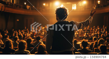 Lecture in university auditorium with engaged students and dynamic presenter. Header banner mockup with copy space. Lecture in university auditorium with engaged students and dynamic presenter. Header banner mockup with copy space. 138904784
