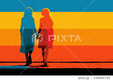 Two girls stand hand in hand silhouetted against a bold backdrop of rainbow colors 138904785