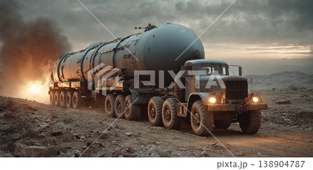 Military tractor transports nuclear missile during tense conflict in a desolate landscape 138904787