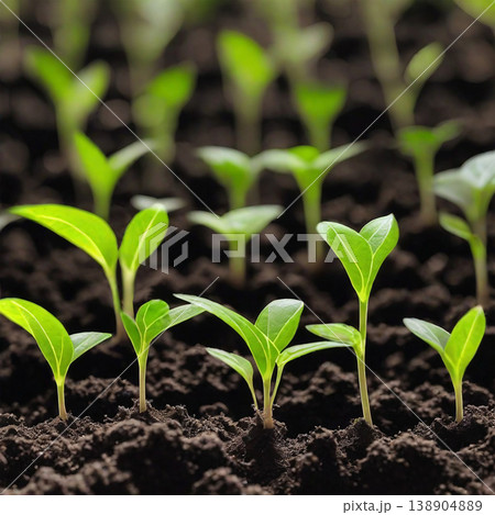 Fresh Seedlings Sprouting in Garden Soil , Agriculture, Nature, and Eco-Friendly Concept 138904889