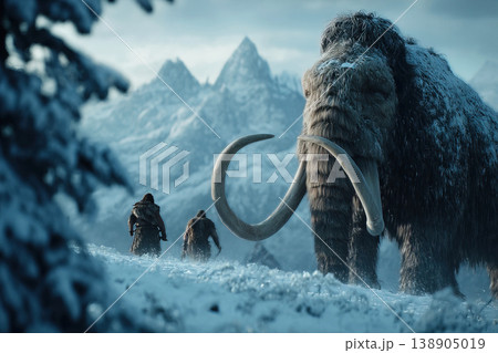 Neanderthals hunting a mammoth in a snowy mountain landscape Neanderthals hunting a mammoth in a snowy mountain landscape 138905019