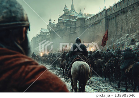 Military battle unfolds near the walls of Kyiv with Rus warriors in winter armor 138905040