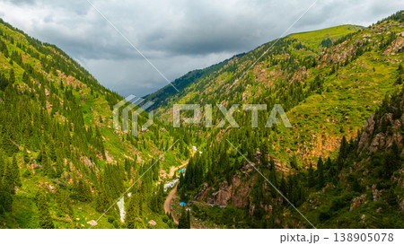 Mountain valley with tents and evergreen trees in Kyrgyzstan 138905078