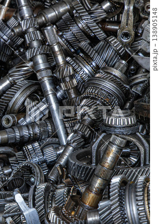 Close-up of used automotive transmission parts and gears 138905148