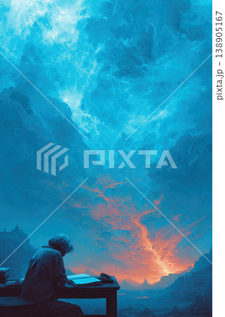 Writer immersed in creating a fantasy book in a cosmic landscape filled with imaginative elements Writer immersed in creating a fantasy book in a cosmic landscape filled with imaginative elements 138905167
