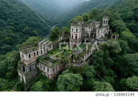Majestic abandoned fairytale castle in lush forest with collapsed buildings in view 138905194
