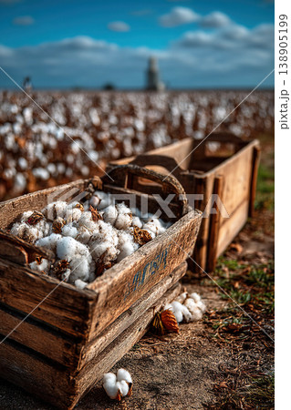Cotton boxes lined up against cotton field backdrop during harvest season Cotton boxes lined up against cotton field backdrop during harvest season 138905199