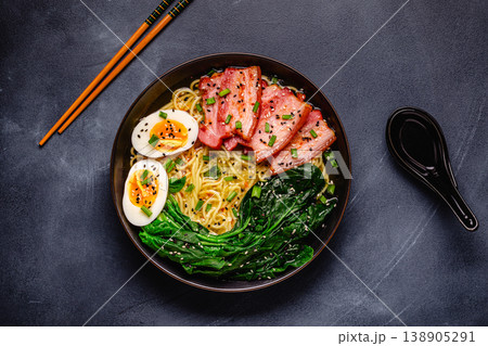 Traditional ramen noodle soup with brisket, spinach and egg. Traditional ramen noodle soup with brisket, spinach and egg. 138905291