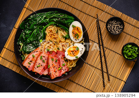 Traditional ramen noodle soup with brisket, spinach and egg. Traditional ramen noodle soup with brisket, spinach and egg. 138905294