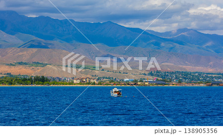Group of people enjoying a boat ride with swimming on a serene Issyk-Kul lake Group of people enjoying a boat ride with swimming on a serene Issyk-Kul lake 138905356