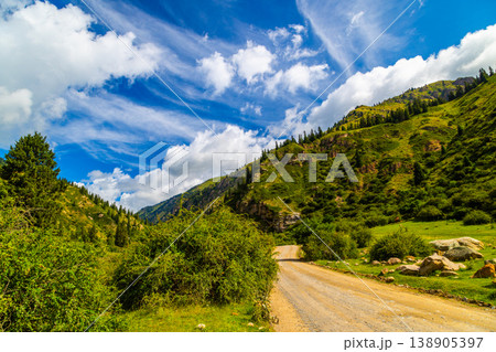 Rolling green hills and dirt road in Kyrgyzstan landscape Rolling green hills and dirt road in Kyrgyzstan landscape 138905397