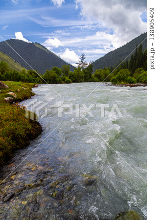 Serene mountain valley with fast-flowing river in Kyrgyzstan Serene mountain valley with fast-flowing river in Kyrgyzstan 138905409