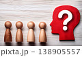Wooden People Facing Red Head with Question Mark . Leadership and Uncertainty Concept 138905557