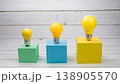 Creative Ideas Concept , Yellow Light Bulbs on Colorful Blocks Showing Innovation and Progress 138905570