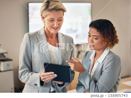 Tablet, planning and teamwork of business women or manager accounting research, agenda and workflow planning. Accountant boss, executive or corporate people talking of digital finance software app 138905743
