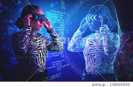 Woman, metaverse and virtual reality glasses simulator with overlay for digital transformation. Person with vr headset for ar hologram for cyber and 3d world with mirror reflection and futuristic ai Woman, metaverse and virtual reality glasses simulator with overlay for digital transformation. Person with vr headset for ar hologram for cyber and 3d world with mirror reflection and futuristic ai 138905850