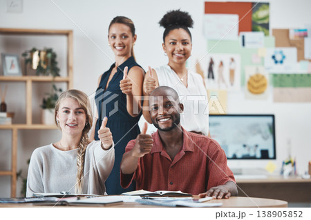 Thumbs up, business people success and portrait in modern office for teamwork celebration, review and motivation. Happy, diversity and winner employees, support and like emoji pride for company goal 138905852