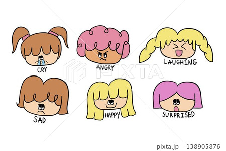 Hand drawn various moods of a girl such as cry, angry, laugh, sad, happy, surprised for back to school, student, children, kids, childhood, people, human, facial expression, feelings, emotion, members 138905876
