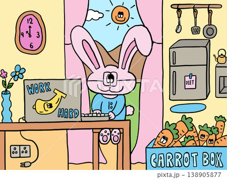 Hand drawn room background of pink rabbit, laptop, carrot box, window, curtain, clock, flowers in flowerpot, kitchen, fridge, oven, tea pot, frying pan, sun, clouds, blue sky, green grass, mountain 138905877