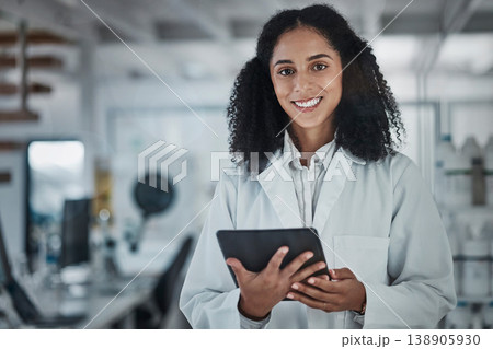 Science, research and portrait of black woman with tablet and smile in laboratory, internet and medical data search online. Healthcare, pharmaceutical innovation and happy scientist with technology Science, research and portrait of black woman with tablet and smile in laboratory, internet and medical data search online. Healthcare, pharmaceutical innovation and happy scientist with technology 138905930