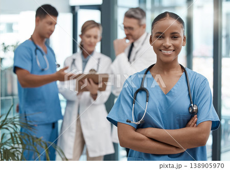 Doctor, team and portrait of black woman in the hospital or clinic and smile on face. Teamwork, collaboration and leadership in healthcare, medical care and working in a clinic with nurse and doctors Doctor, team and portrait of black woman in the hospital or clinic and smile on face. Teamwork, collaboration and leadership in healthcare, medical care and working in a clinic with nurse and doctors 138905970