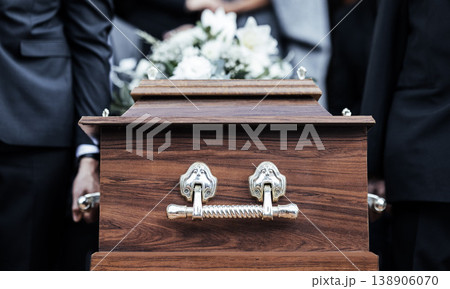 Coffin, people and funeral with death, grief and service with family carry casket to grave outdoor. Rip, farewell and ceremony or event for dead person together in respect, religion and spiritual 138906070
