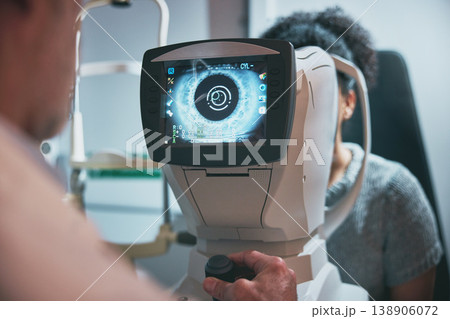 Ophthalmology, eye scan and woman with a doctor for a consultation, vision test and lens check. Surgery, medicine and image of eyes of a girl on a machine screen for optic testing and problem Ophthalmology, eye scan and woman with a doctor for a consultation, vision test and lens check. Surgery, medicine and image of eyes of a girl on a machine screen for optic testing and problem 138906072