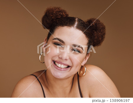 Portrait, woman and skincare with smile, luxury and spa treatment with girl on brown studio background. Face, female or lady with happiness, organic facial or morning routine with smooth or soft skin Portrait, woman and skincare with smile, luxury and spa treatment with girl on brown studio background. Face, female or lady with happiness, organic facial or morning routine with smooth or soft skin 138906197