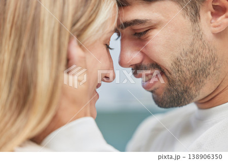 Couple, faces and love of young people together with happiness showing care and support. Trust, face holding and man with woman feeling happy with romance and a smile loving close relationship 138906350