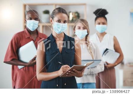 Meeting, office or covid mask in team collaboration, business people or leader woman in corporate planning. Teamwork, leadership or diversity for company strategy, team building or working on mission 138906427