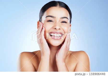 Beauty, skincare and happy with portrait of woman for spa treatment, facial and cosmetics. Health, wellness and smile with face of girl model for relax, self care and glow in blue background studio Beauty, skincare and happy with portrait of woman for spa treatment, facial and cosmetics. Health, wellness and smile with face of girl model for relax, self care and glow in blue background studio 138906440