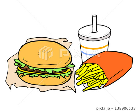 ハンバーガーとドリンクとフライドポテトのイラスト 138906535