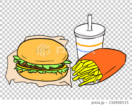 漢堡、飲料和薯條的插圖。 138906535