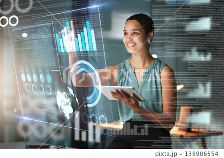 Black woman with tablet, smile and dashboard overlay for erp data innovation, research and programming in future technology. Futuristic analytics, IT management and startup business website software. Black woman with tablet, smile and dashboard overlay for erp data innovation, research and programming in future technology. Futuristic analytics, IT management and startup business website software. 138906554