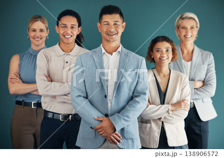 Business people, team with leader and corporate group in portrait, collaboration and lawyers on studio background. Leadership, happy and working together at law firm with teamwork and diversity 138906572